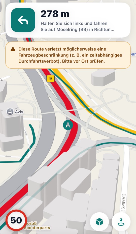 ViaMagna app: driving view with turn instruction, warning and speed limit