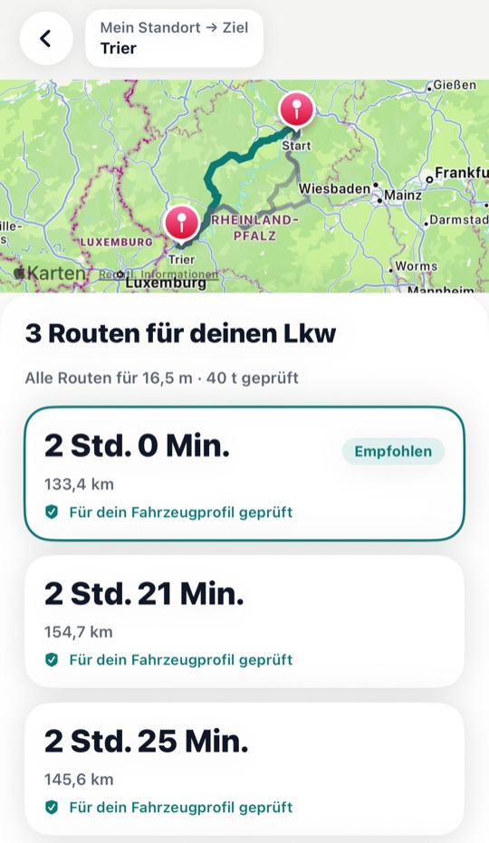 ViaMagna app: three routes for a truck, all checked against the vehicle profile
